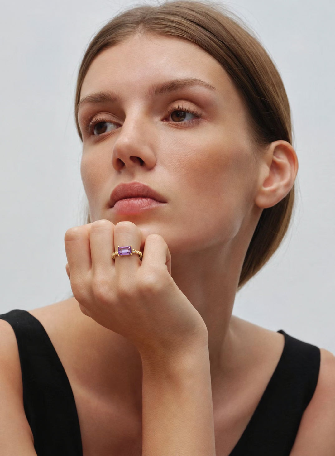 LUMERUNE Violet Amethyst Ring Princess-Cut — princess cut amethyst on a gold toned band