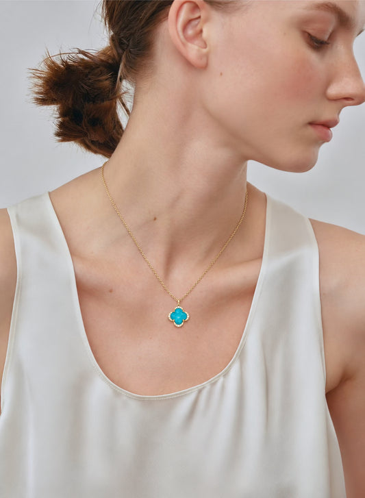 LUMERUNE Clover Turquoise Necklace — four leaf clover with turquoise and white crystal
