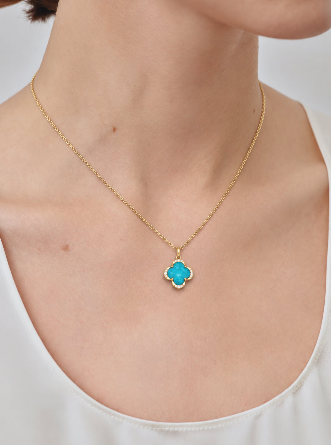 LUMERUNE Clover Turquoise Necklace — four leaf clover with turquoise and white crystal