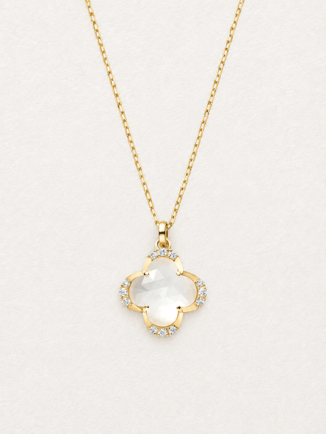 LUMERUNE Clover White Shell Necklace — four leaf clover with white shell and white crystal