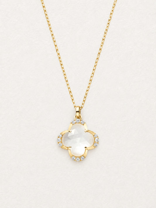 LUMERUNE Clover White Shell Necklace — four leaf clover with white shell and white crystal