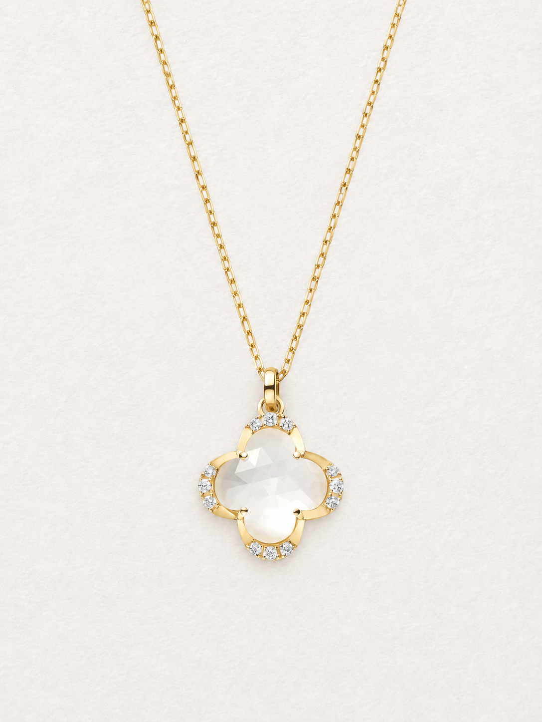 LUMERUNE Clover White Shell Necklace — four leaf clover with white shell and white crystal