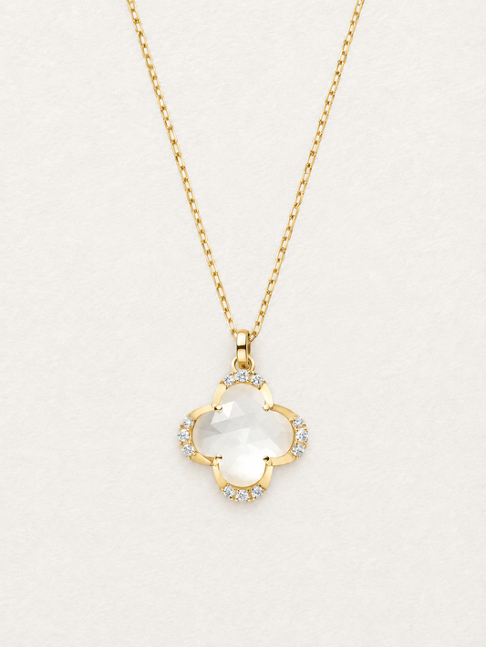LUMERUNE Clover White Shell Necklace — four leaf clover with white shell and white crystal
