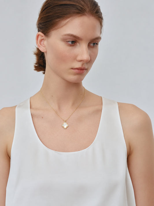 LUMERUNE Clover White Shell Necklace — four leaf clover with white shell and white crystal