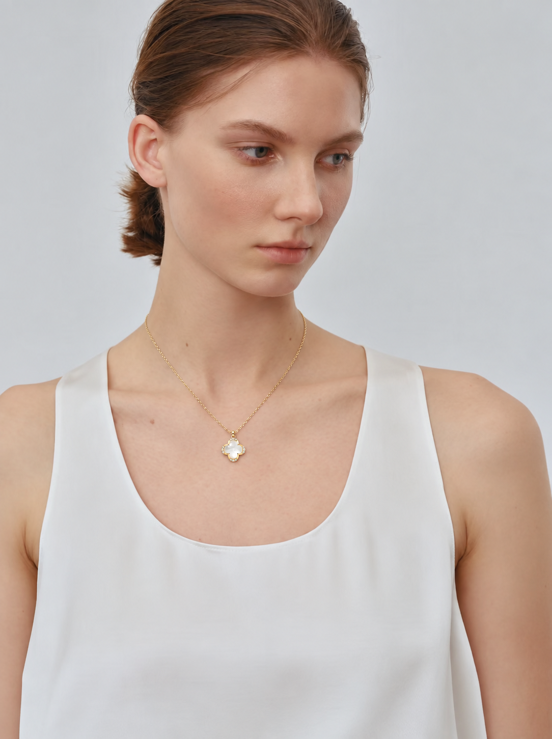 LUMERUNE Clover White Shell Necklace — four leaf clover with white shell and white crystal