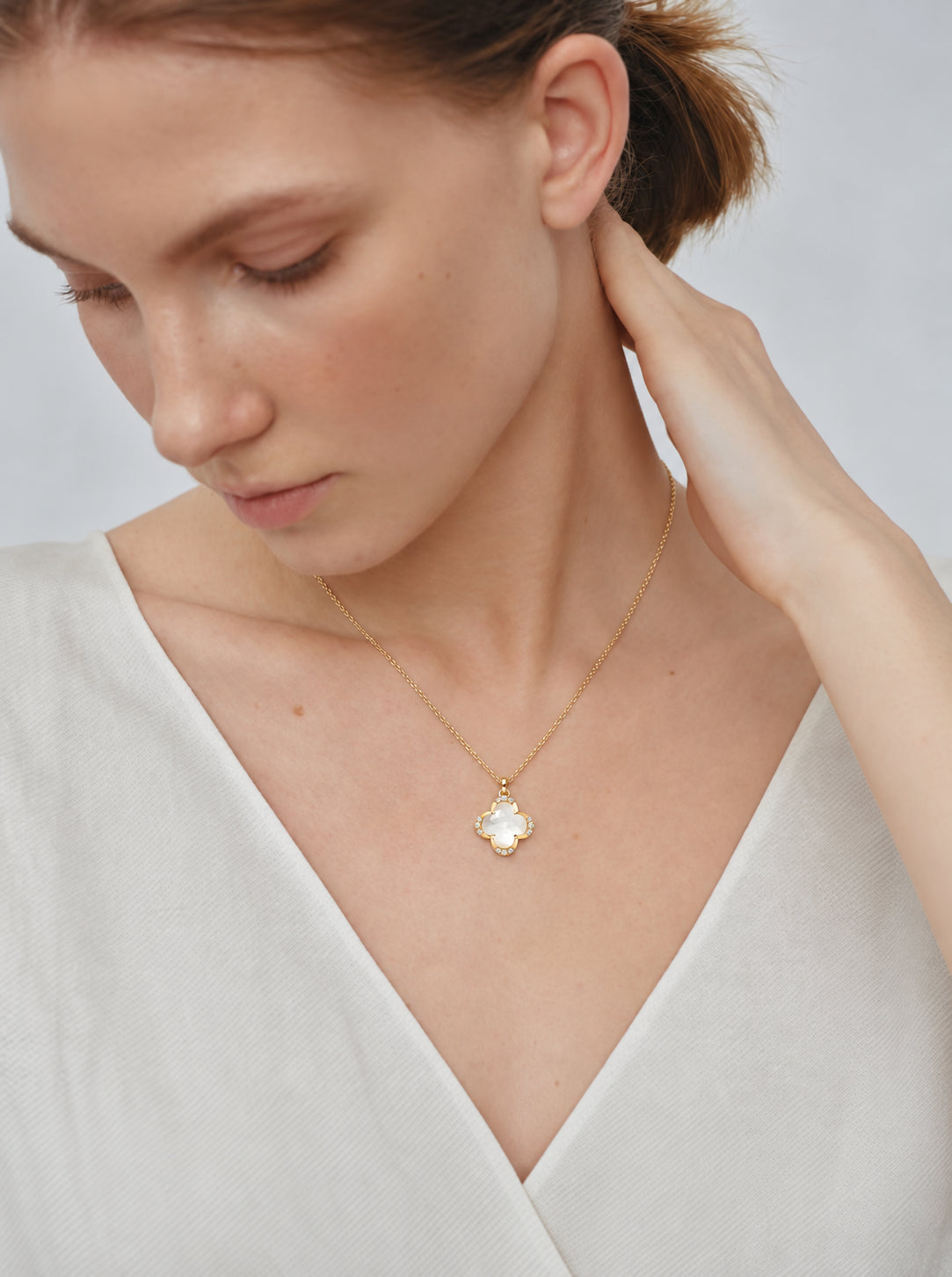 LUMERUNE Clover White Shell Necklace — four leaf clover with white shell and white crystal