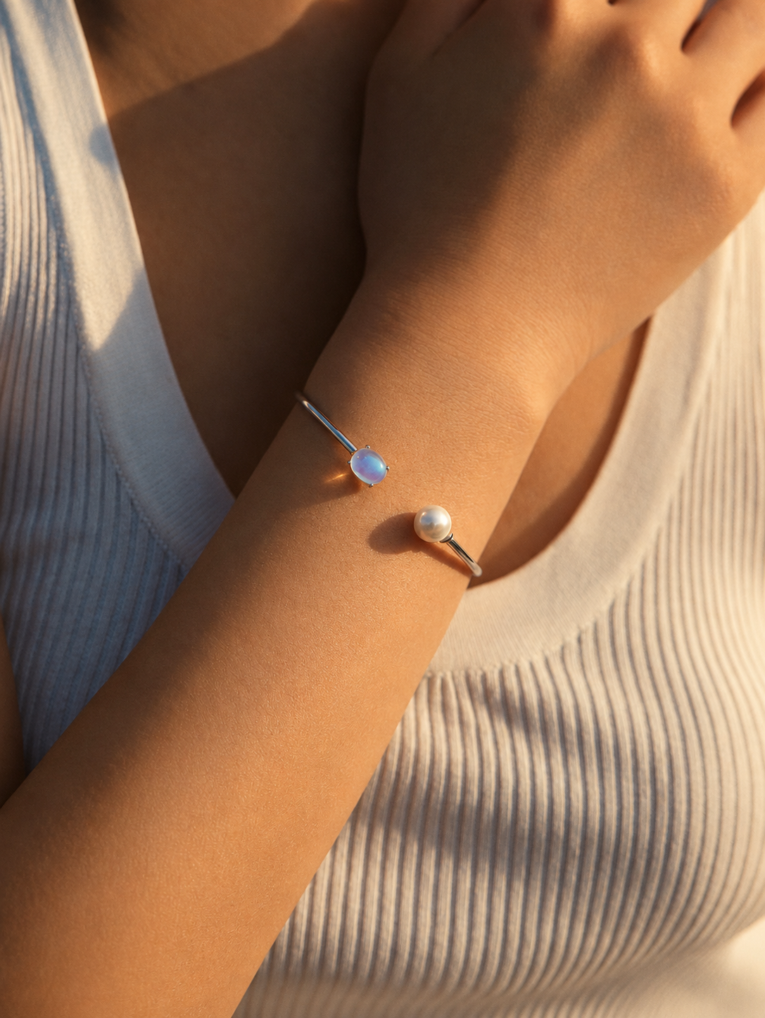 Moonstone & Pearl Open Bangle