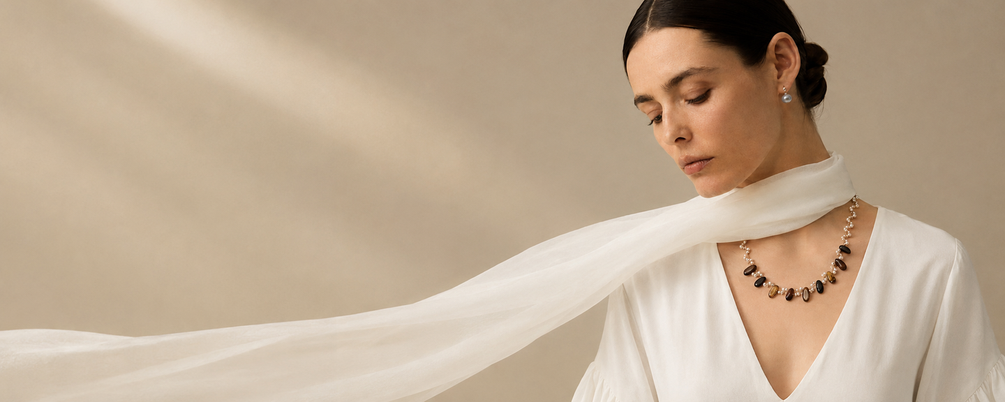 LUMERUNE jewelry campaign model wearing gemstone necklace