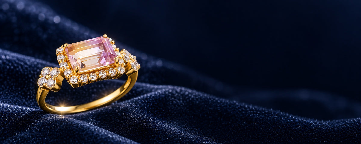 Sakura Ametrine Ring with white zircon accents on midnight blue velvet